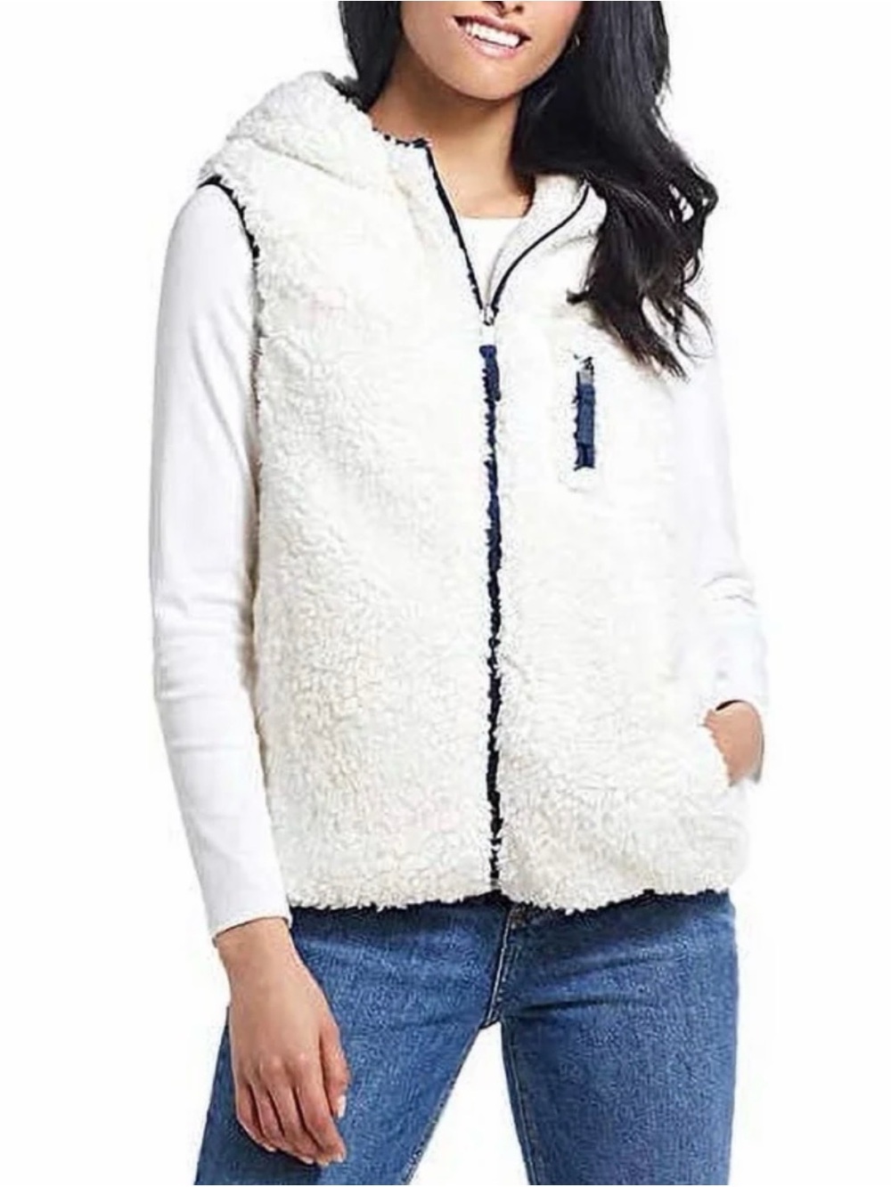 Weatherproof Cream Sherpa Hooded Vest with Navy Trim